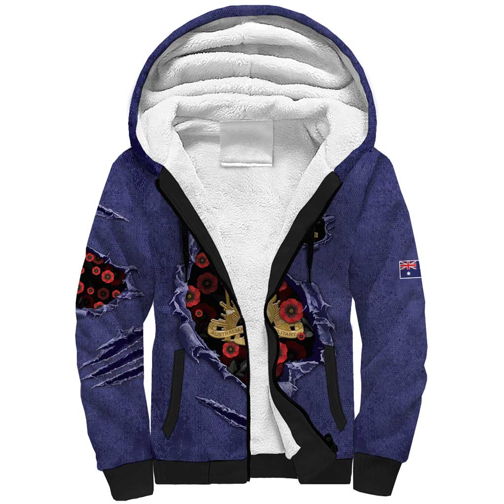 Personalised ANZAC Day Sherpa Hoodie Poppy Flowers Ripped Fabric Effect