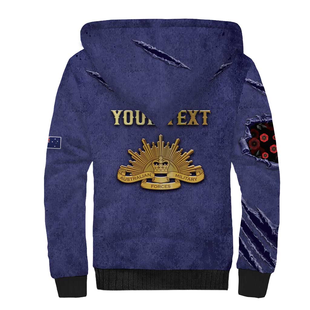 Personalised ANZAC Day Sherpa Hoodie Poppy Flowers Ripped Fabric Effect