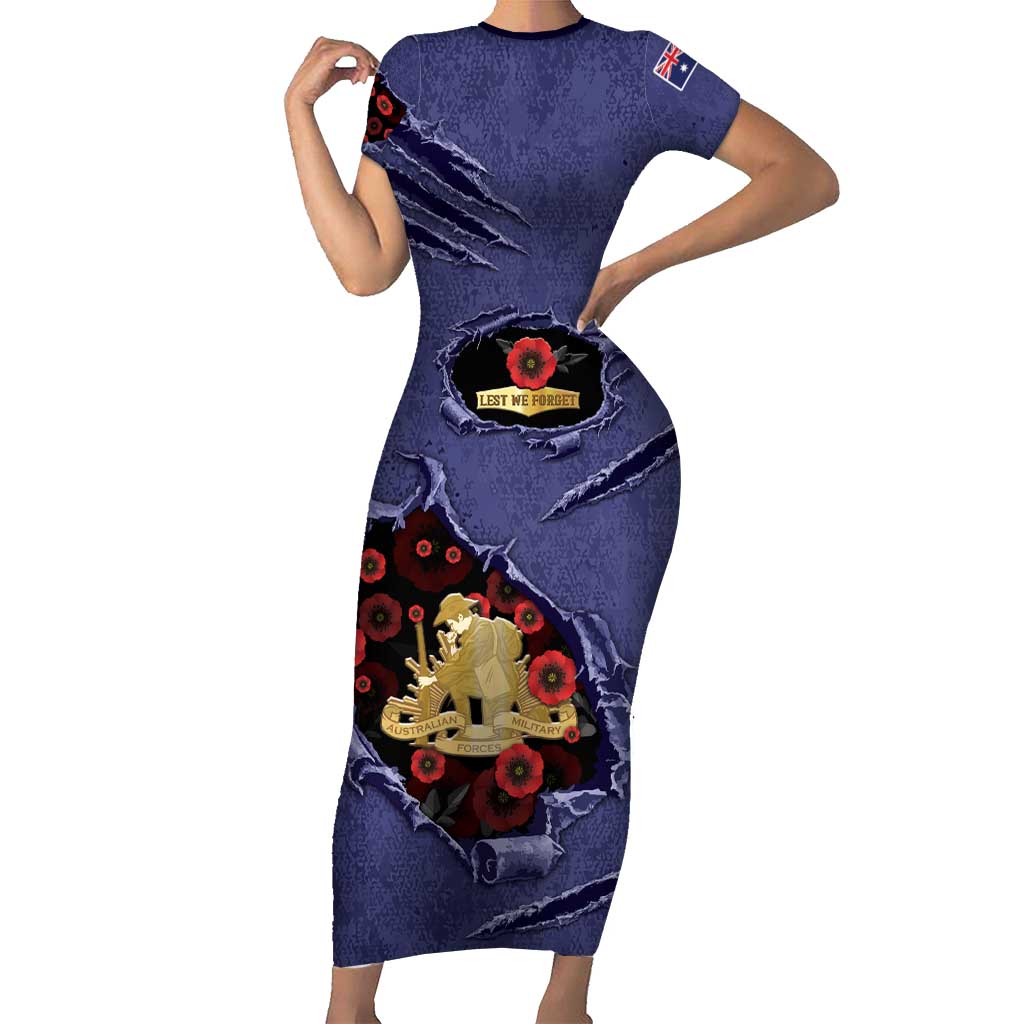 Personalised ANZAC Day Short Sleeve Bodycon Dress Poppy Flowers Ripped Fabric Effect