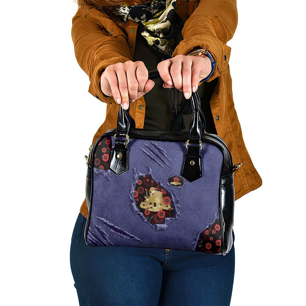 ANZAC Day Shoulder Handbag Poppy Flowers Ripped Fabric Effect