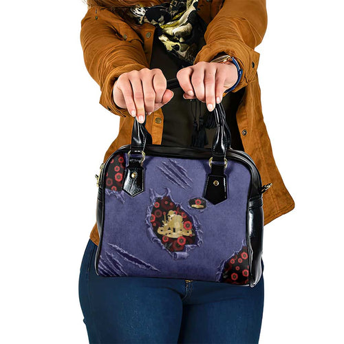 ANZAC Day Shoulder Handbag Poppy Flowers Ripped Fabric Effect