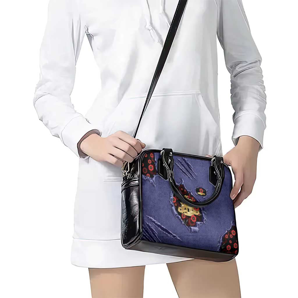 ANZAC Day Shoulder Handbag Poppy Flowers Ripped Fabric Effect