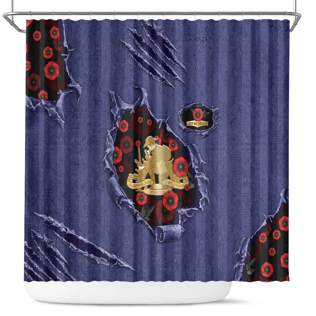 ANZAC Day Shower Curtain Poppy Flowers Ripped Fabric Effect