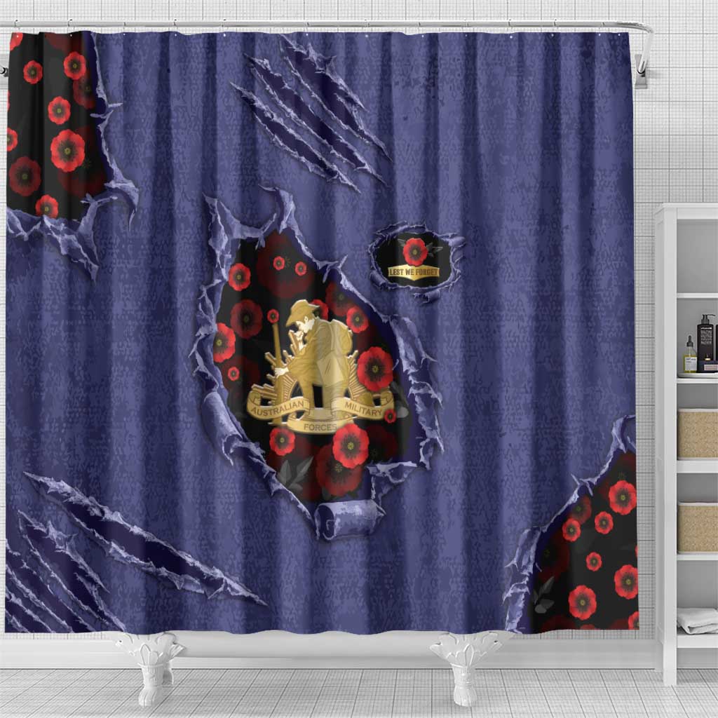 ANZAC Day Shower Curtain Poppy Flowers Ripped Fabric Effect