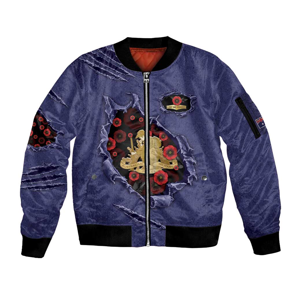 Personalised ANZAC Day Sleeve Zip Bomber Jacket Poppy Flowers Ripped Fabric Effect