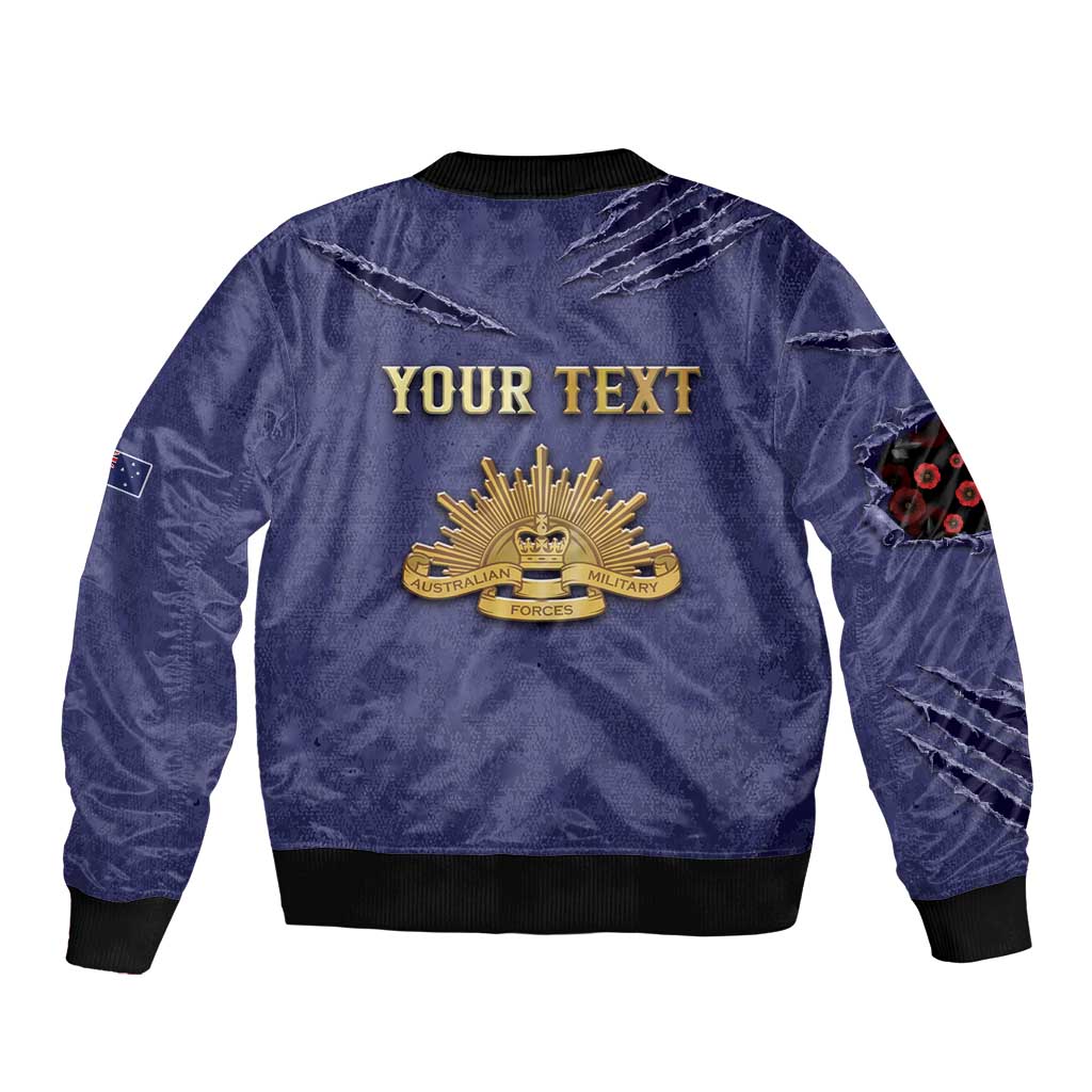 Personalised ANZAC Day Sleeve Zip Bomber Jacket Poppy Flowers Ripped Fabric Effect