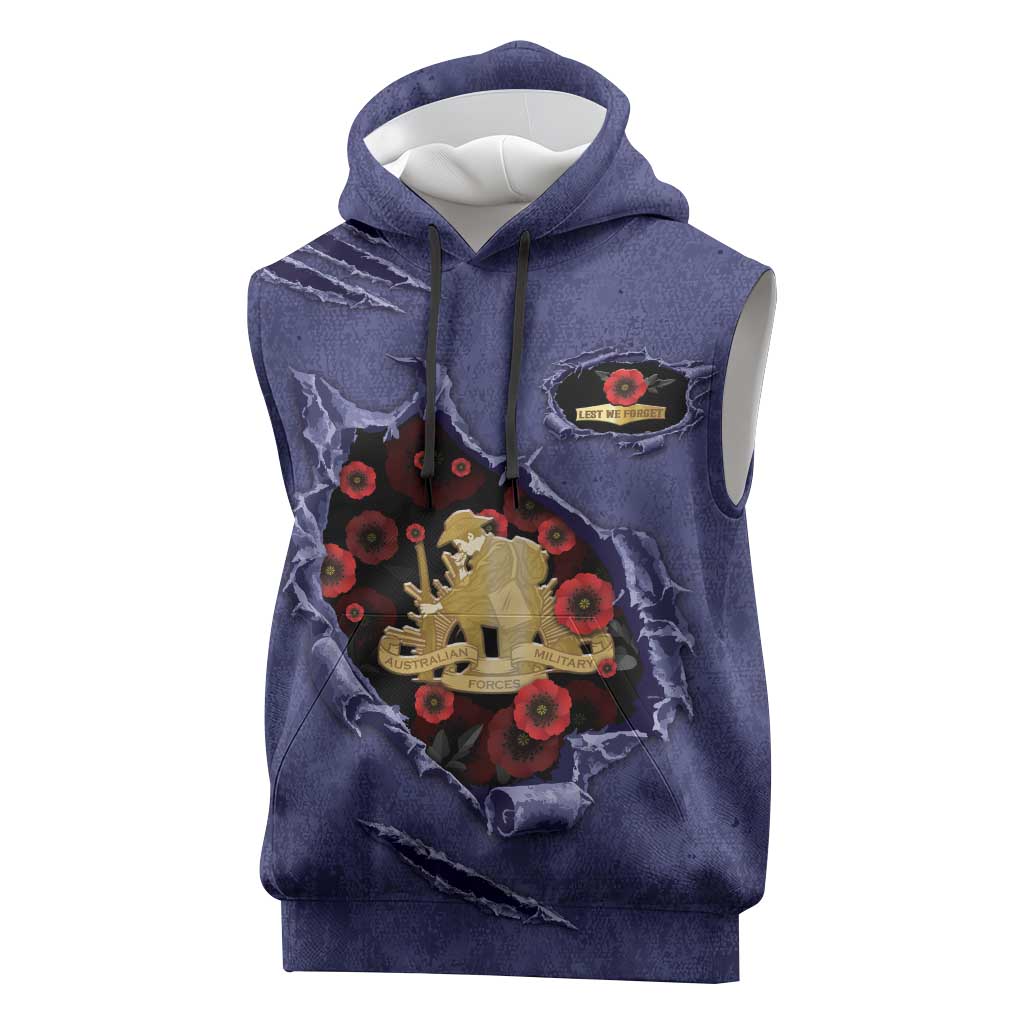 Personalised ANZAC Day Sleeveless Hoodie Poppy Flowers Ripped Fabric Effect