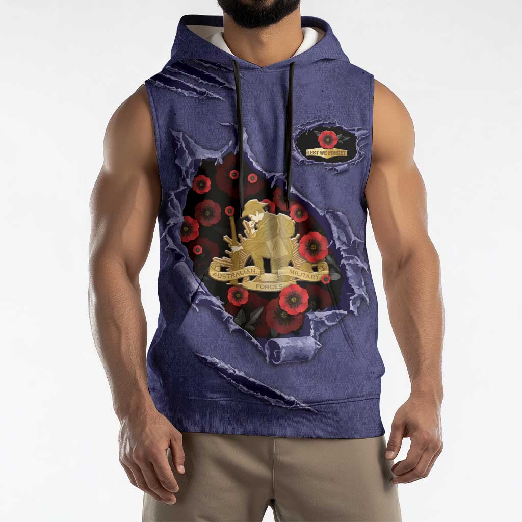 Personalised ANZAC Day Sleeveless Hoodie Poppy Flowers Ripped Fabric Effect