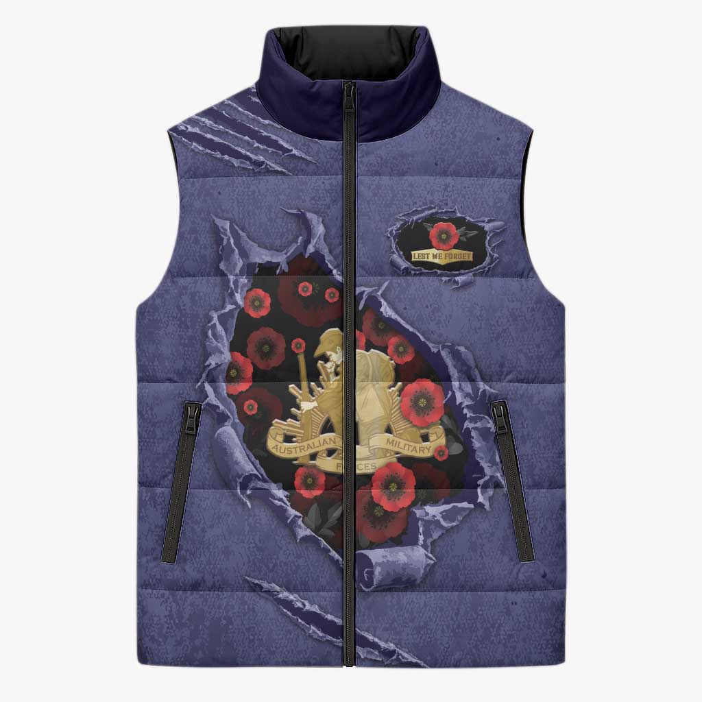Personalised ANZAC Day Sleeveless Puffer Jacket Poppy Flowers Ripped Fabric Effect