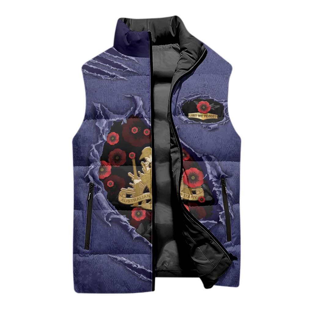 Personalised ANZAC Day Sleeveless Puffer Jacket Poppy Flowers Ripped Fabric Effect