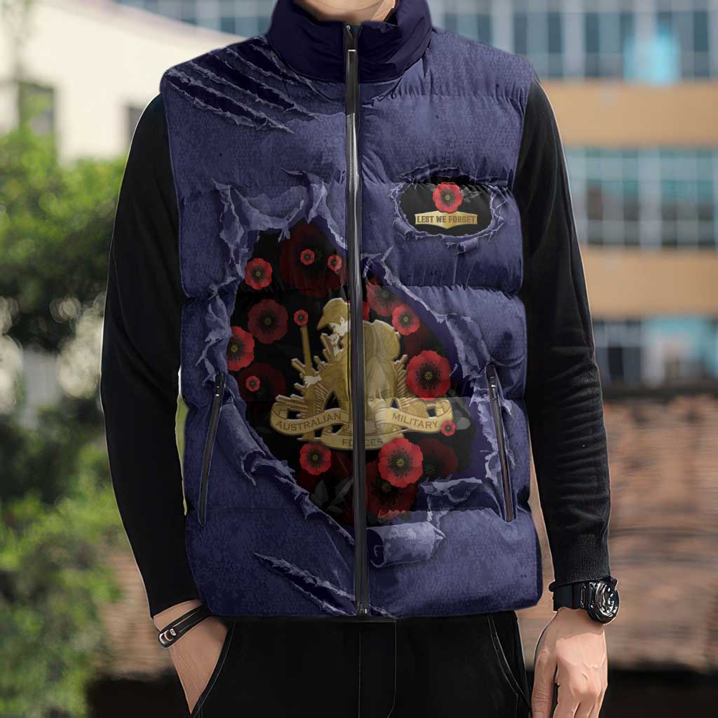 Personalised ANZAC Day Sleeveless Puffer Jacket Poppy Flowers Ripped Fabric Effect