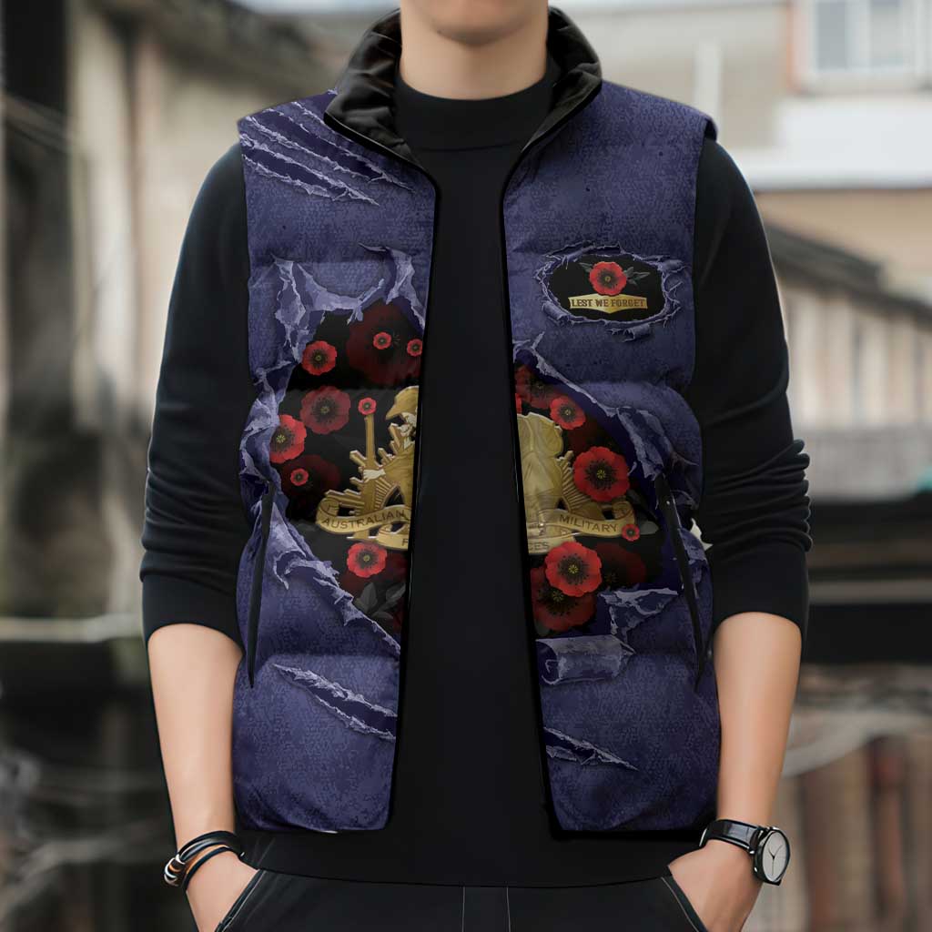 Personalised ANZAC Day Sleeveless Puffer Jacket Poppy Flowers Ripped Fabric Effect