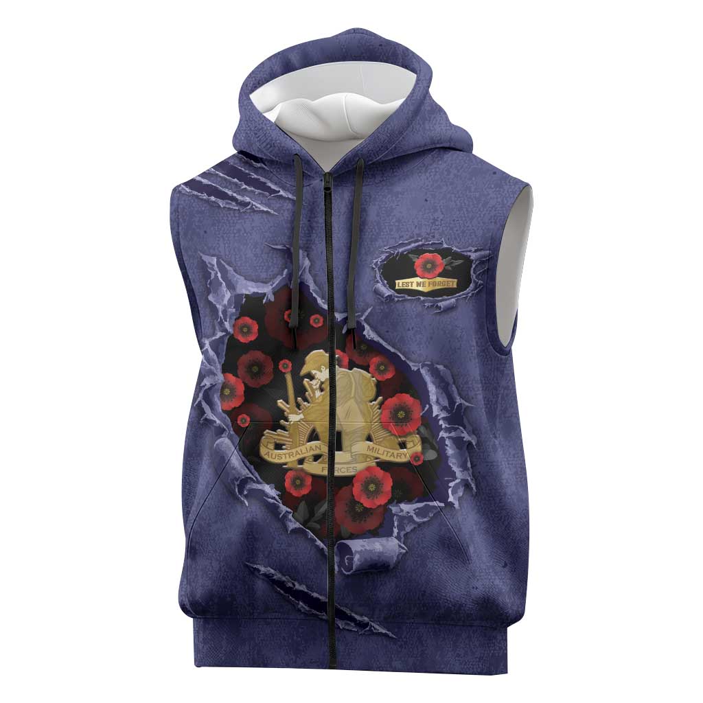 Personalised ANZAC Day Sleeveless Zip Hoodie Poppy Flowers Ripped Fabric Effect