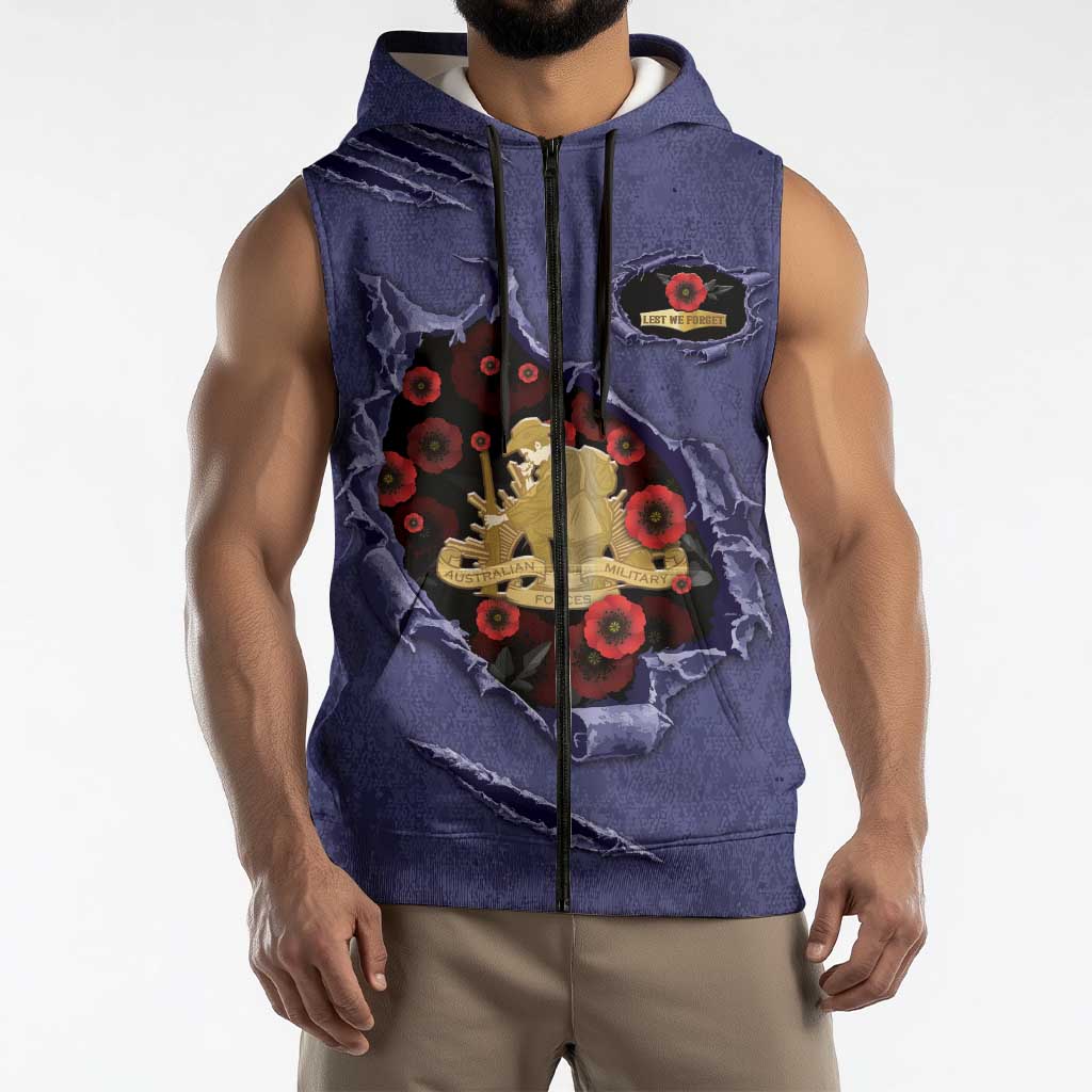 Personalised ANZAC Day Sleeveless Zip Hoodie Poppy Flowers Ripped Fabric Effect