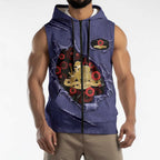 Personalised ANZAC Day Sleeveless Zip Hoodie Poppy Flowers Ripped Fabric Effect