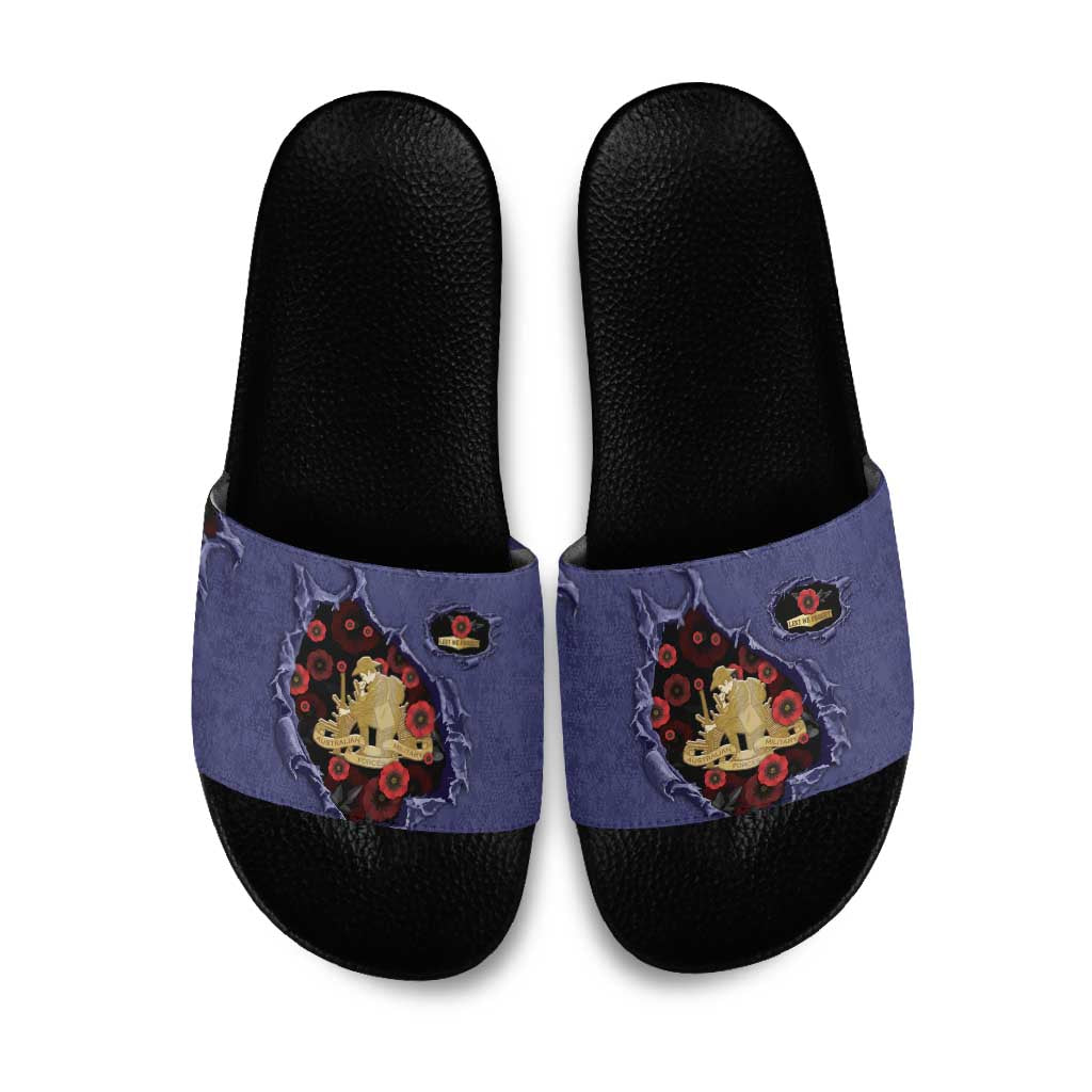 ANZAC Day Slide Sandals Poppy Flowers Ripped Fabric Effect