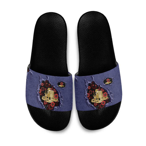 ANZAC Day Slide Sandals Poppy Flowers Ripped Fabric Effect