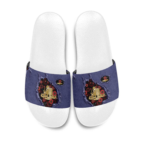 ANZAC Day Slide Sandals Poppy Flowers Ripped Fabric Effect