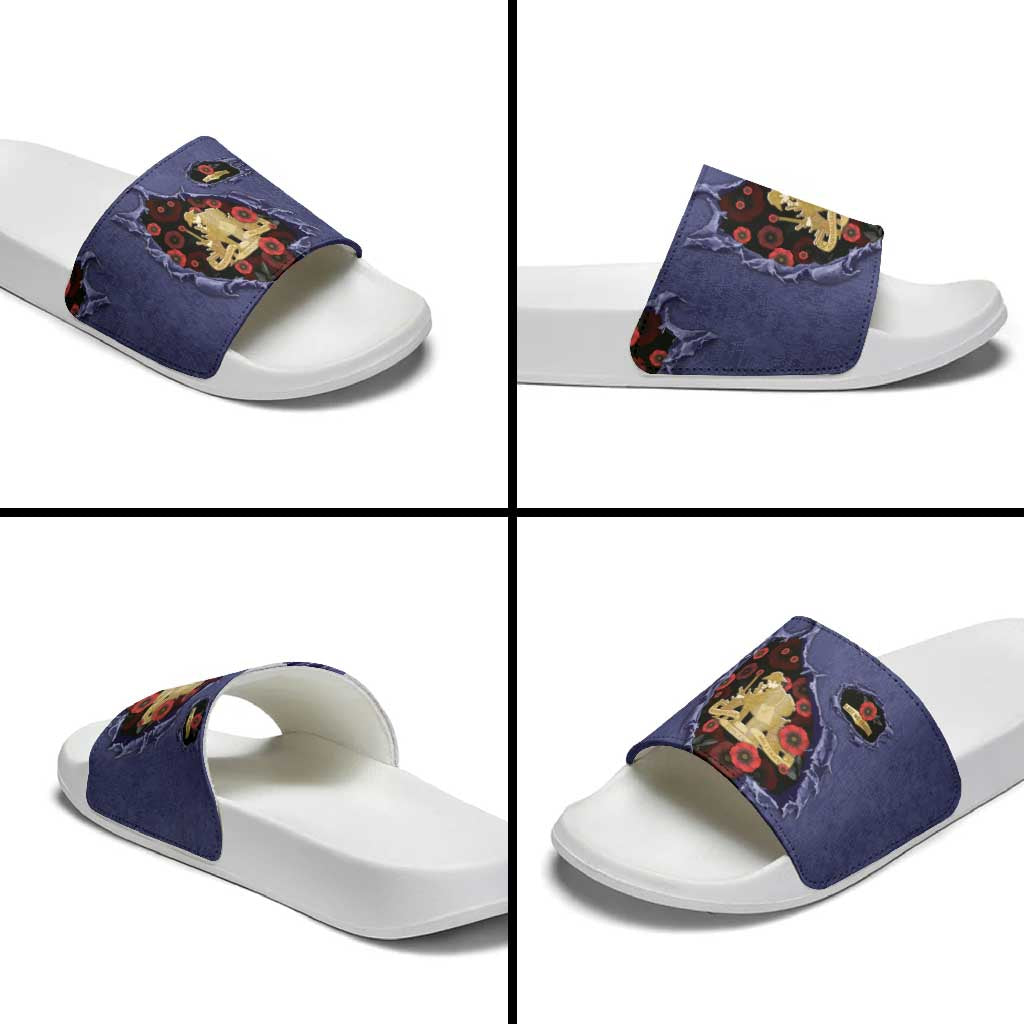 ANZAC Day Slide Sandals Poppy Flowers Ripped Fabric Effect