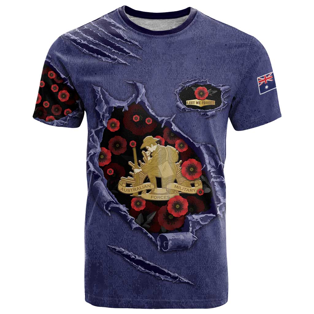 Personalised ANZAC Day T Shirt Poppy Flowers Ripped Fabric Effect
