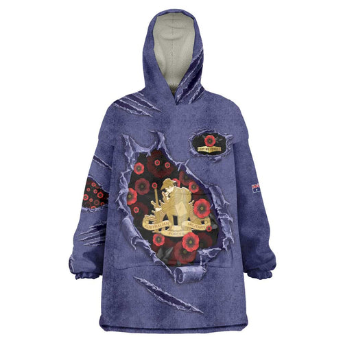 Personalised ANZAC Day Wearable Blanket Hoodie Poppy Flowers Ripped Fabric Effect