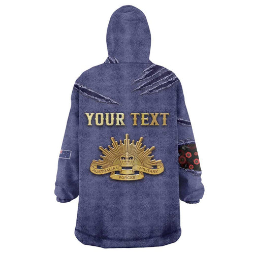 Personalised ANZAC Day Wearable Blanket Hoodie Poppy Flowers Ripped Fabric Effect