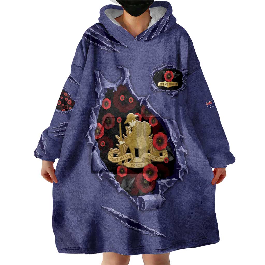 Personalised ANZAC Day Wearable Blanket Hoodie Poppy Flowers Ripped Fabric Effect