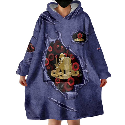 Personalised ANZAC Day Wearable Blanket Hoodie Poppy Flowers Ripped Fabric Effect
