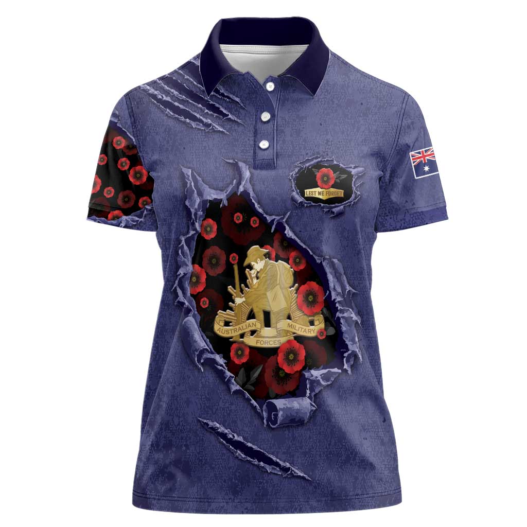 Personalised ANZAC Day Women Polo Shirt Poppy Flowers Ripped Fabric Effect