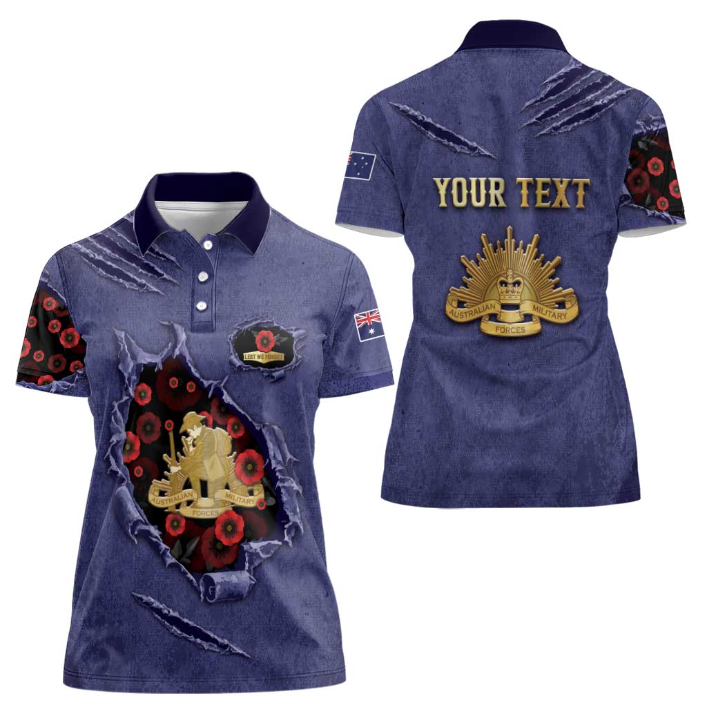 Personalised ANZAC Day Women Polo Shirt Poppy Flowers Ripped Fabric Effect