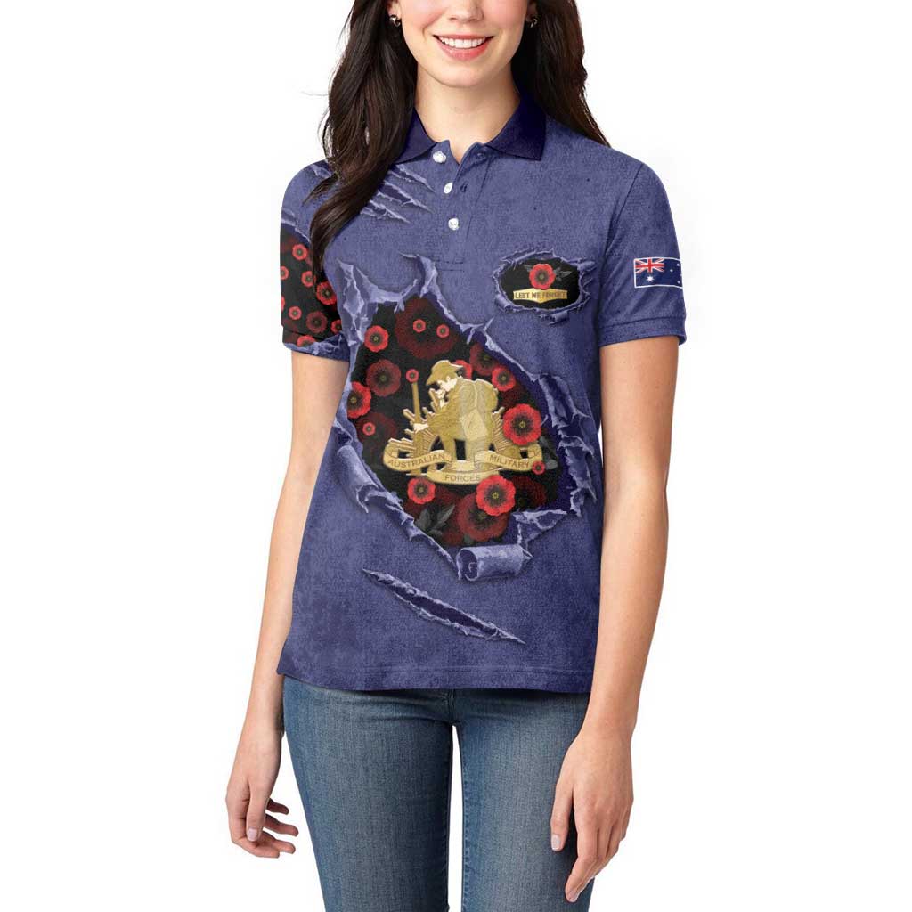 Personalised ANZAC Day Women Polo Shirt Poppy Flowers Ripped Fabric Effect