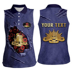 Personalised ANZAC Day Women Sleeveless Polo Shirt Poppy Flowers Ripped Fabric Effect