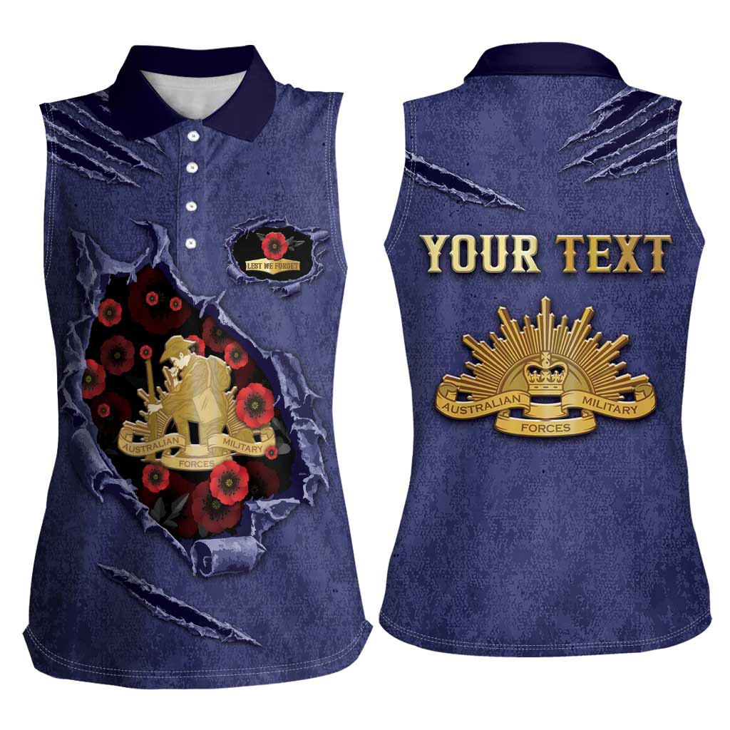 Personalised ANZAC Day Women Sleeveless Polo Shirt Poppy Flowers Ripped Fabric Effect