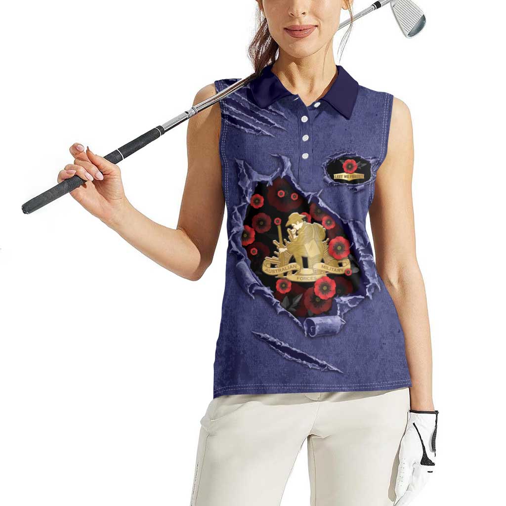 Personalised ANZAC Day Women Sleeveless Polo Shirt Poppy Flowers Ripped Fabric Effect