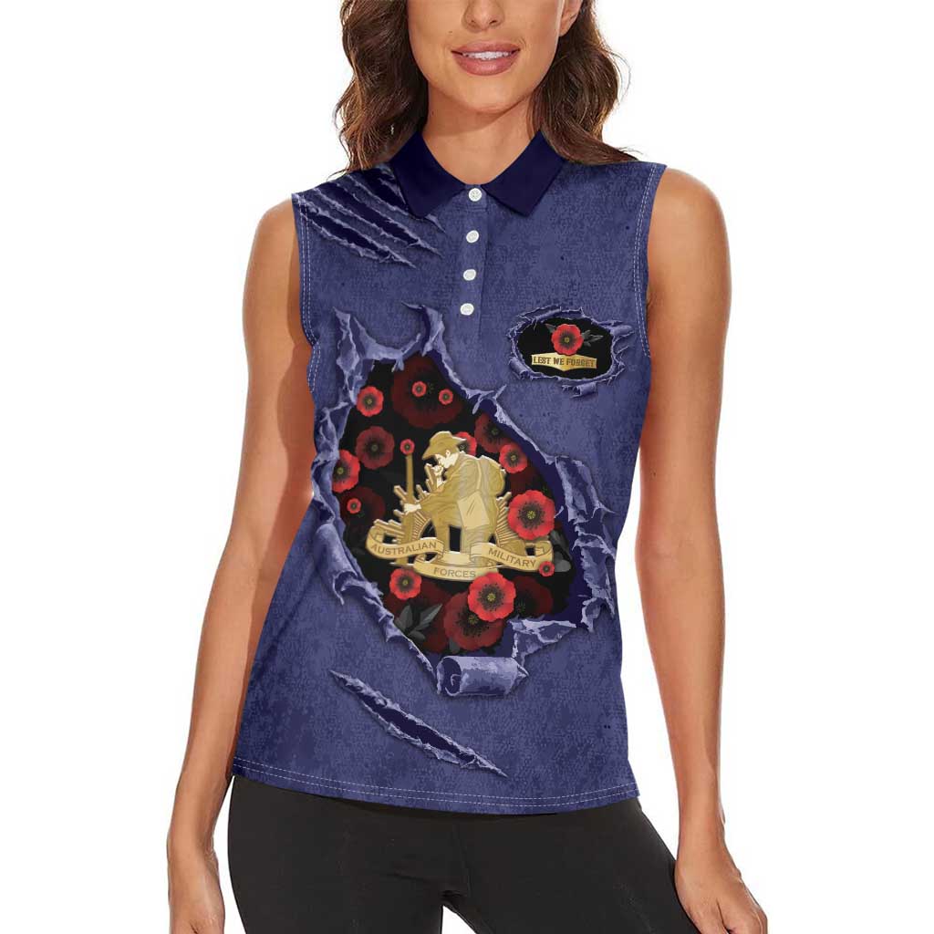 Personalised ANZAC Day Women Sleeveless Polo Shirt Poppy Flowers Ripped Fabric Effect