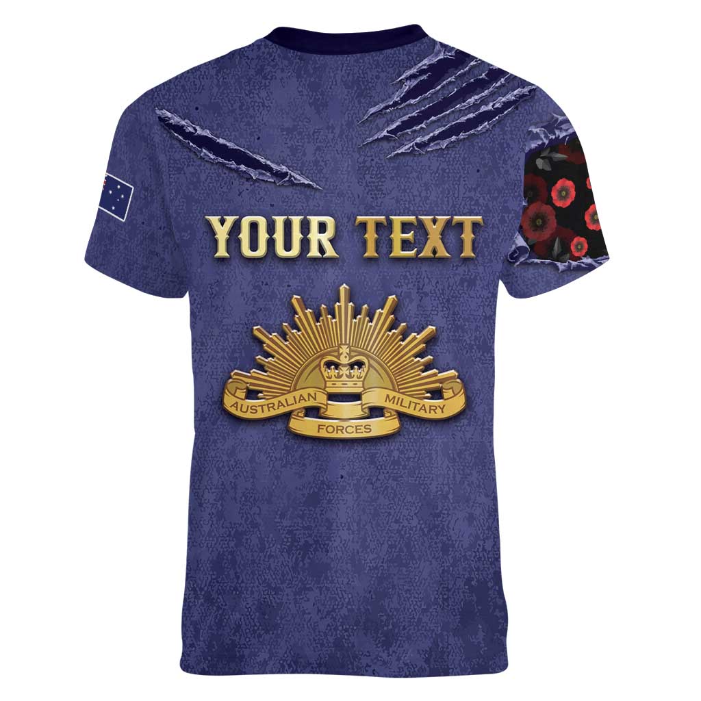 Personalised ANZAC Day Women V-Neck T-Shirt Poppy Flowers Ripped Fabric Effect