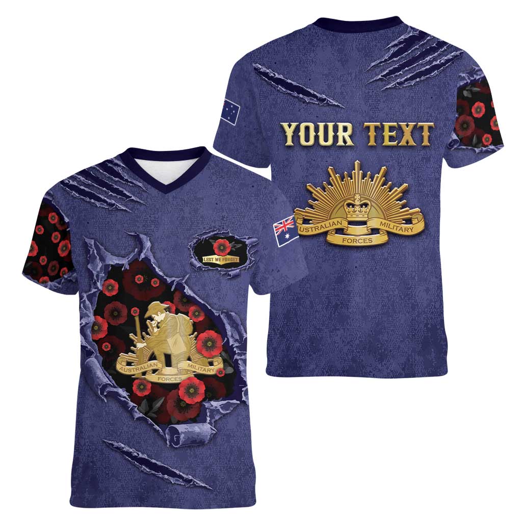 Personalised ANZAC Day Women V-Neck T-Shirt Poppy Flowers Ripped Fabric Effect