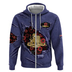 Personalised ANZAC Day Zip Hoodie Poppy Flowers Ripped Fabric Effect
