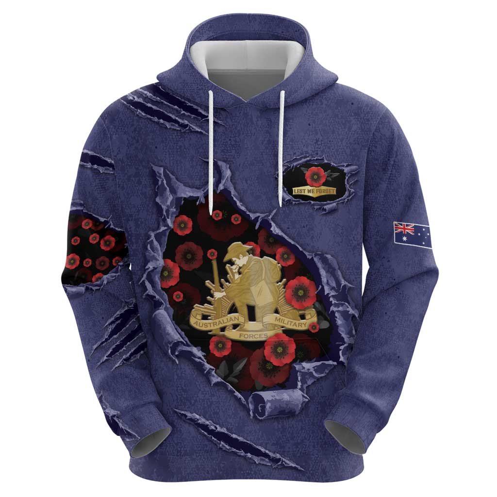 Personalised ANZAC Day Zip Hoodie Poppy Flowers Ripped Fabric Effect