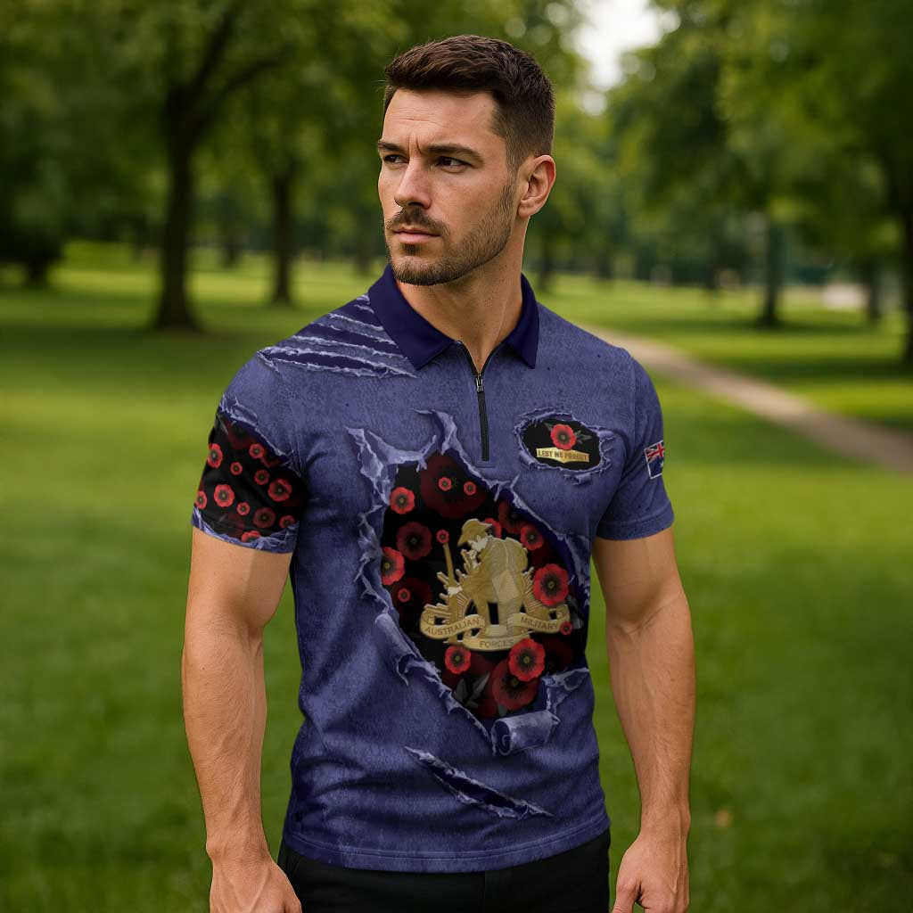 Personalised ANZAC Day Zipper Polo Shirt Poppy Flowers Ripped Fabric Effect