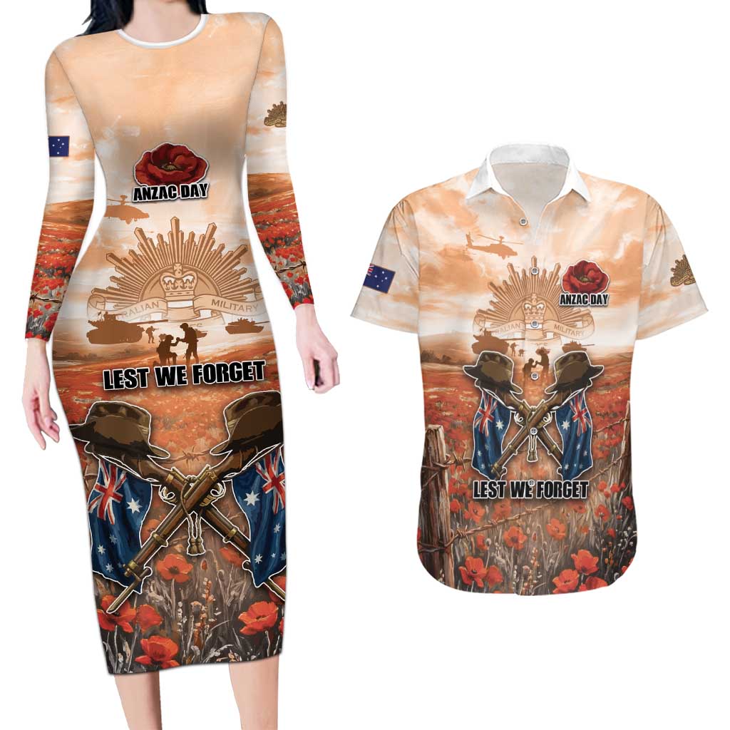 Personalised ANZAC Day Couples Matching Long Sleeve Bodycon Dress and Hawaiian Shirt Commemorative Soldier Tribute