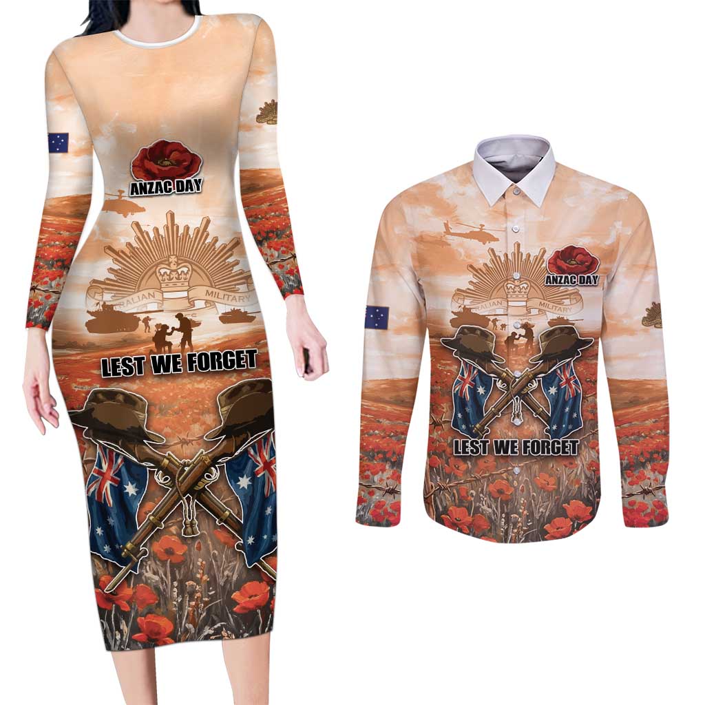 Personalised ANZAC Day Couples Matching Long Sleeve Bodycon Dress and Long Sleeve Button Shirt Commemorative Soldier Tribute