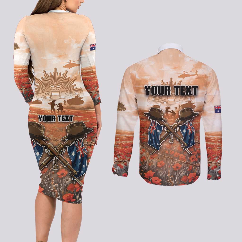 Personalised ANZAC Day Couples Matching Long Sleeve Bodycon Dress and Long Sleeve Button Shirt Commemorative Soldier Tribute