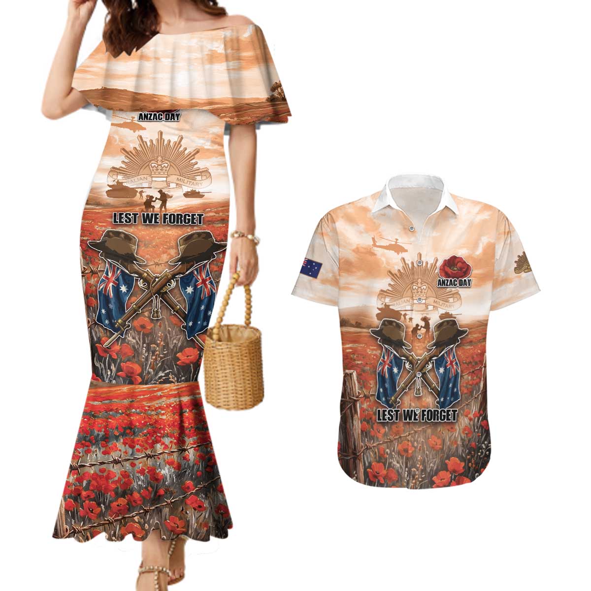 Personalised ANZAC Day Couples Matching Mermaid Dress and Hawaiian Shirt Commemorative Soldier Tribute