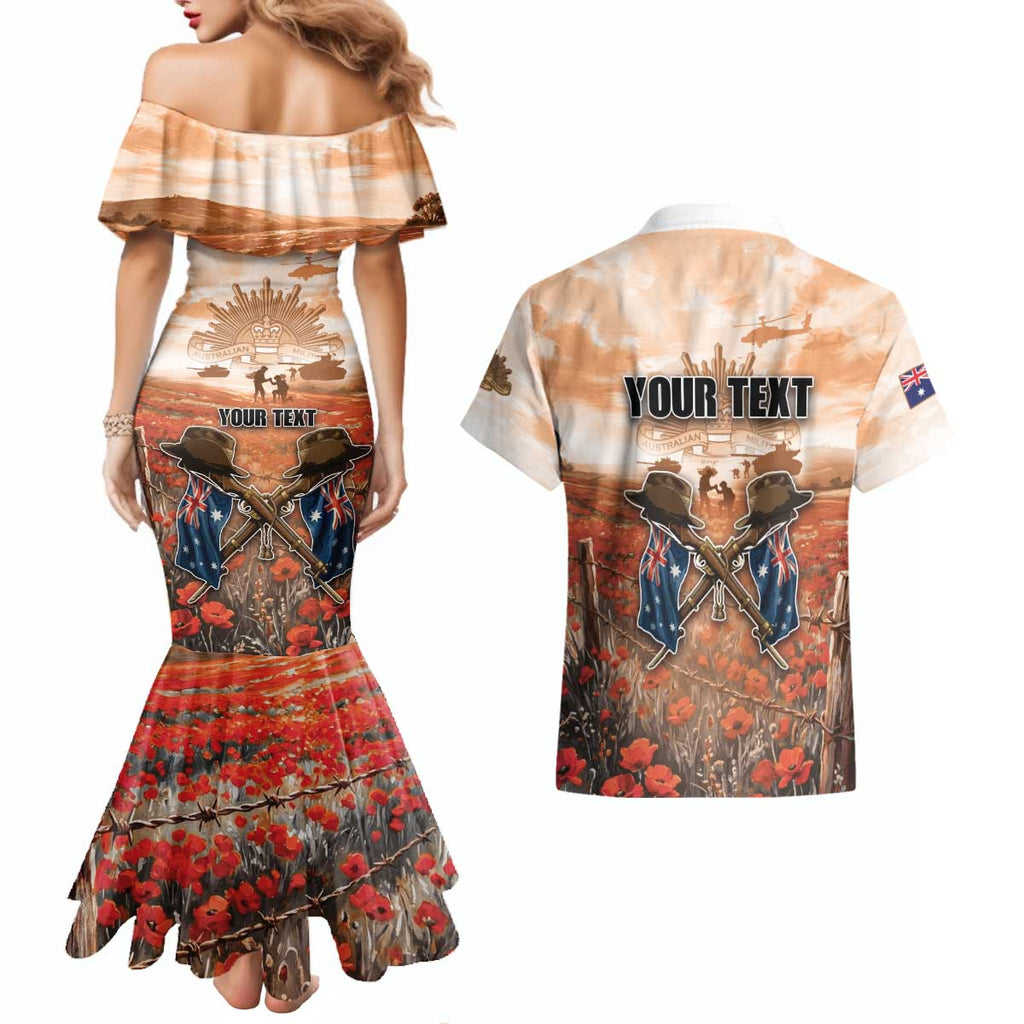 Personalised ANZAC Day Couples Matching Mermaid Dress and Hawaiian Shirt Commemorative Soldier Tribute