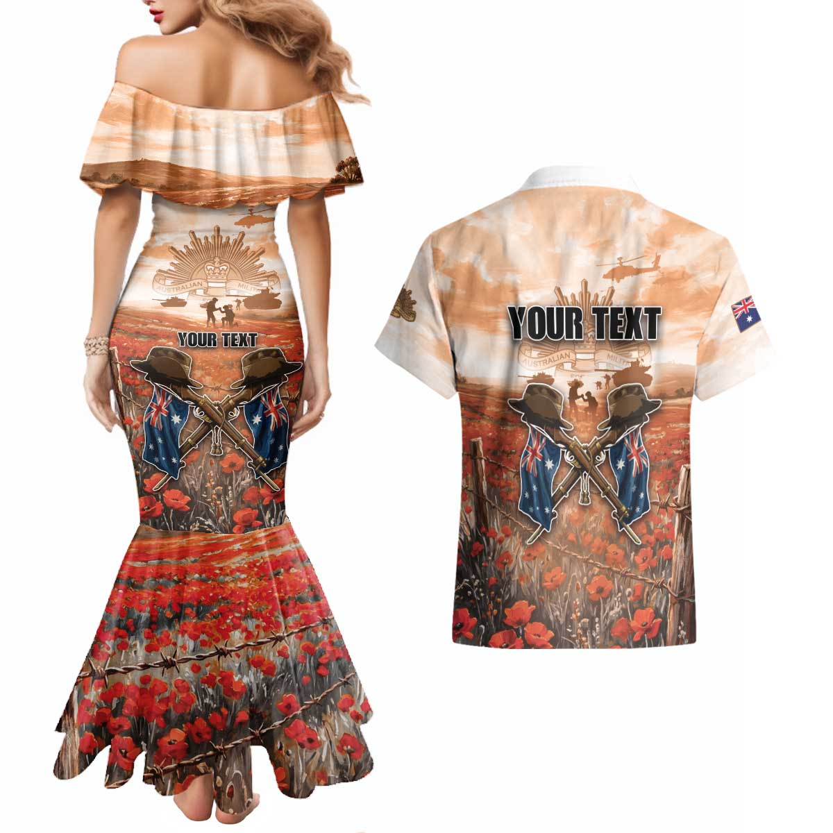 Personalised ANZAC Day Couples Matching Mermaid Dress and Hawaiian Shirt Commemorative Soldier Tribute