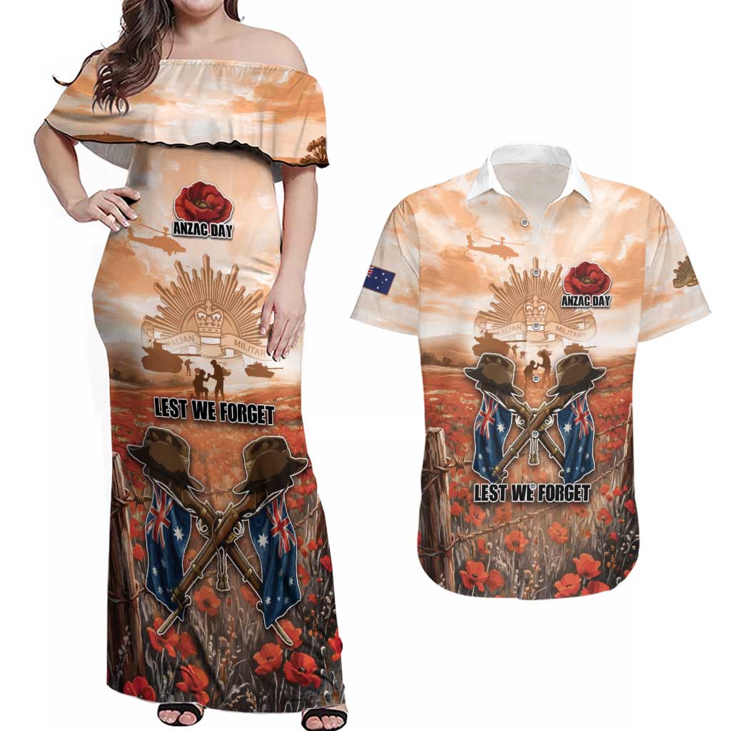 Personalised ANZAC Day Couples Matching Off Shoulder Maxi Dress and Hawaiian Shirt Commemorative Soldier Tribute