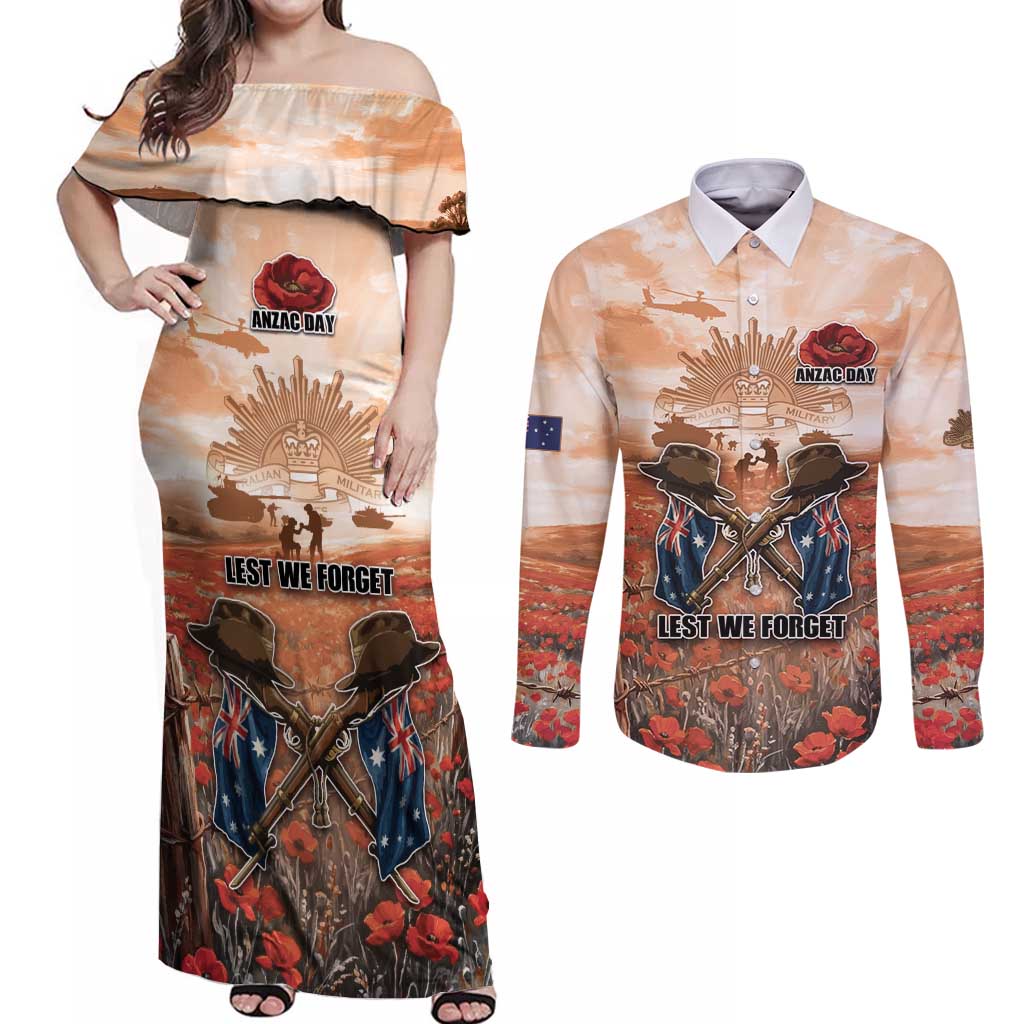 Personalised ANZAC Day Couples Matching Off Shoulder Maxi Dress and Long Sleeve Button Shirt Commemorative Soldier Tribute