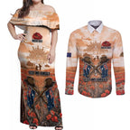 Personalised ANZAC Day Couples Matching Off Shoulder Maxi Dress and Long Sleeve Button Shirt Commemorative Soldier Tribute