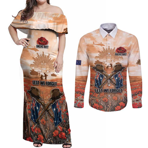 Personalised ANZAC Day Couples Matching Off Shoulder Maxi Dress and Long Sleeve Button Shirt Commemorative Soldier Tribute